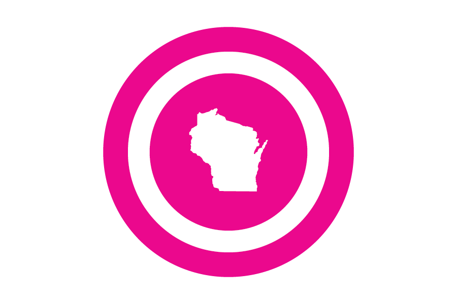 Pink circular icon with an outline of Wisconsin and white circle around outside.