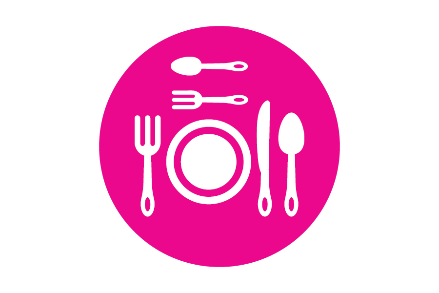 Circular pink icon with a dinner place setting of plate, fork, knife, and spoon in it.