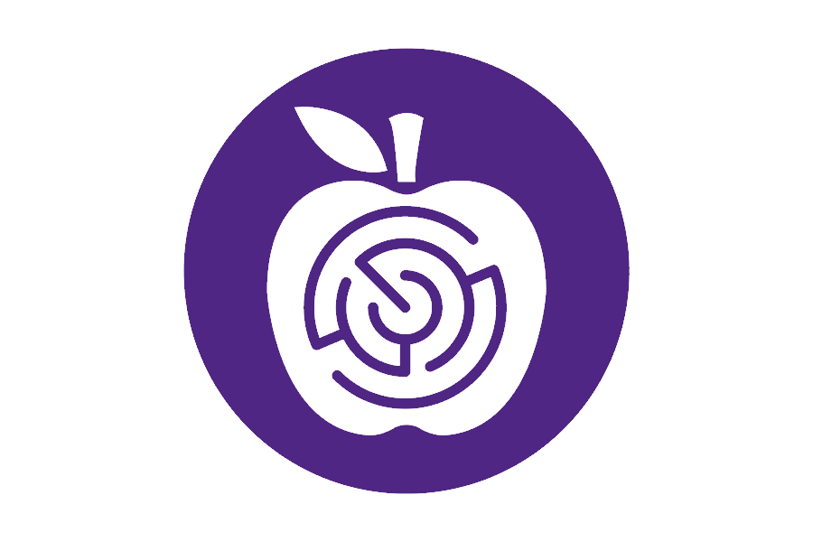 purple circle with a white apple with a small maze in the apple