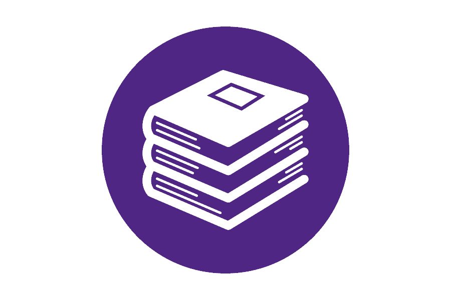 Icon of white books on a purple background.