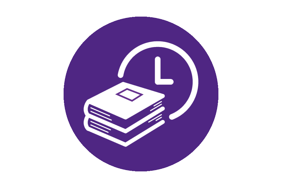 Icon of white books and a clock on a purple background.