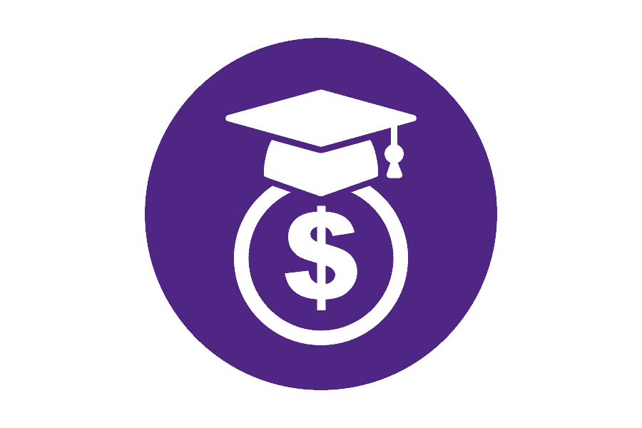 purple circular icon with a graduation cap and a dollar sign under it