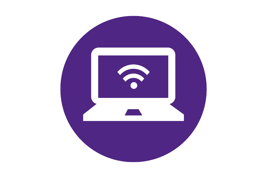 Icon of a laptop computer with a wifi symbol on the screen on a purple background