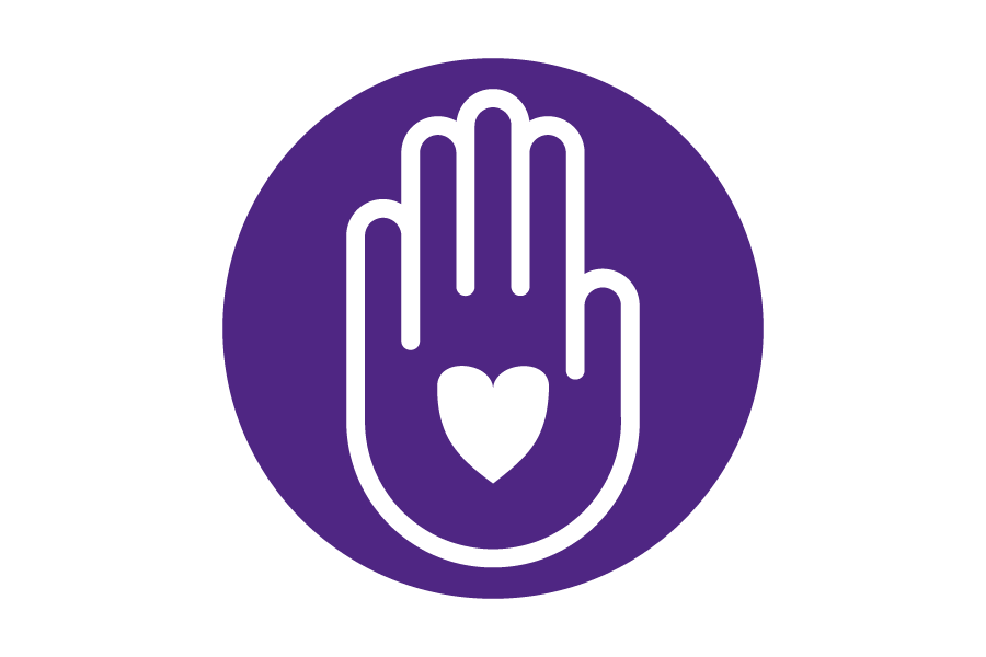 Purple icon with the outline of a hand and a heart.