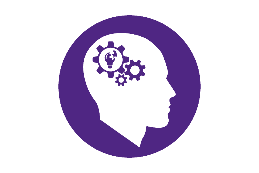 Icon of a head with gears on a purple background.