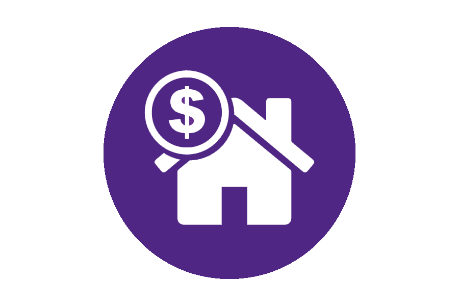 Icon of a white house with a dollar sign on a purple background.