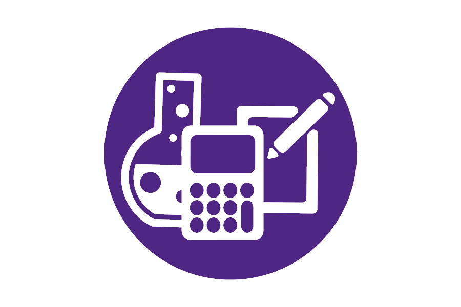 Icon of a beaker, calculator and tablet on a purple background.