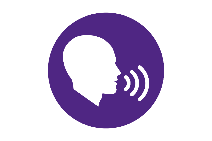 purple image of a person with words coming out of their mouth