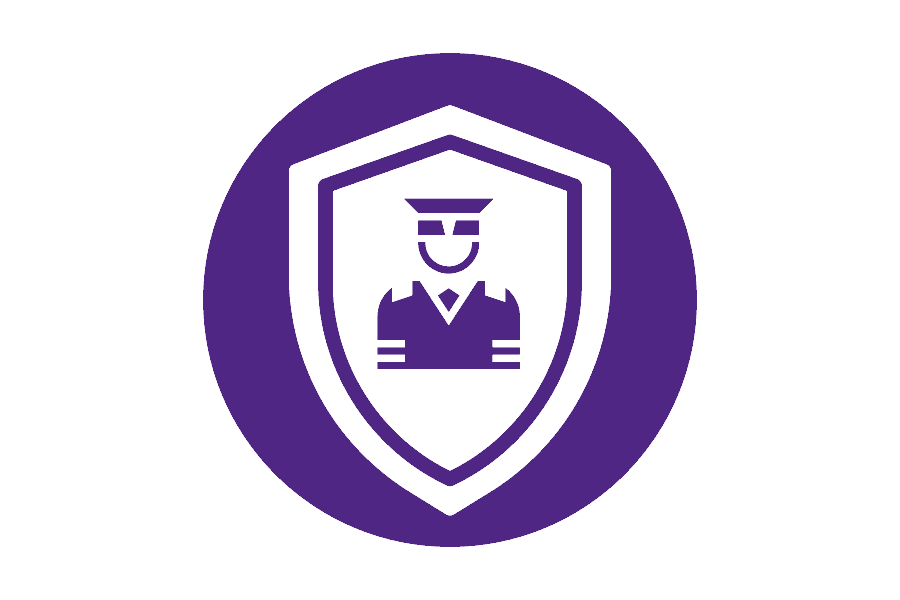 purple icon of a police badge with a picture of a police officer inside of it