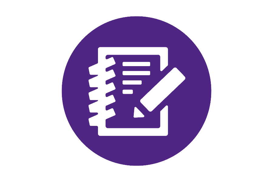 purple icon of a notebook with a pencil sitting on top of it.