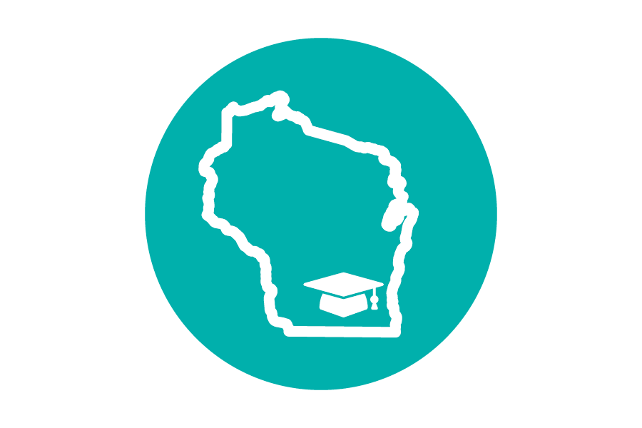 Icon of the state of Wisconsin with a graduation cap in the southeast corner.