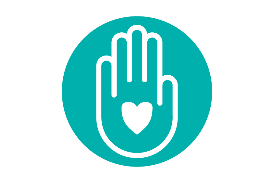 Icon of a white hand with a white heart on a green background.