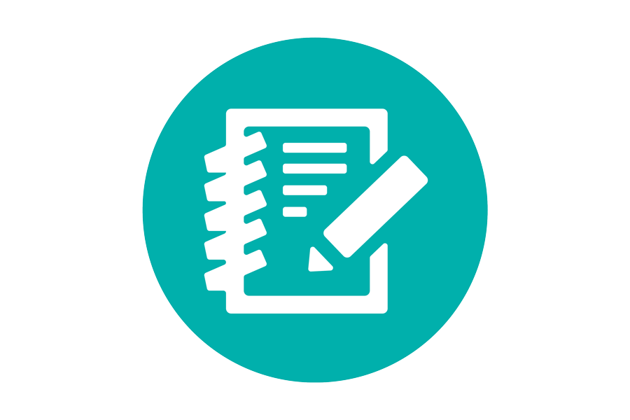 Icon of a white notepad on a teal background.