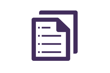 Purple icon of papers stacked on top of each other with writing on one of them