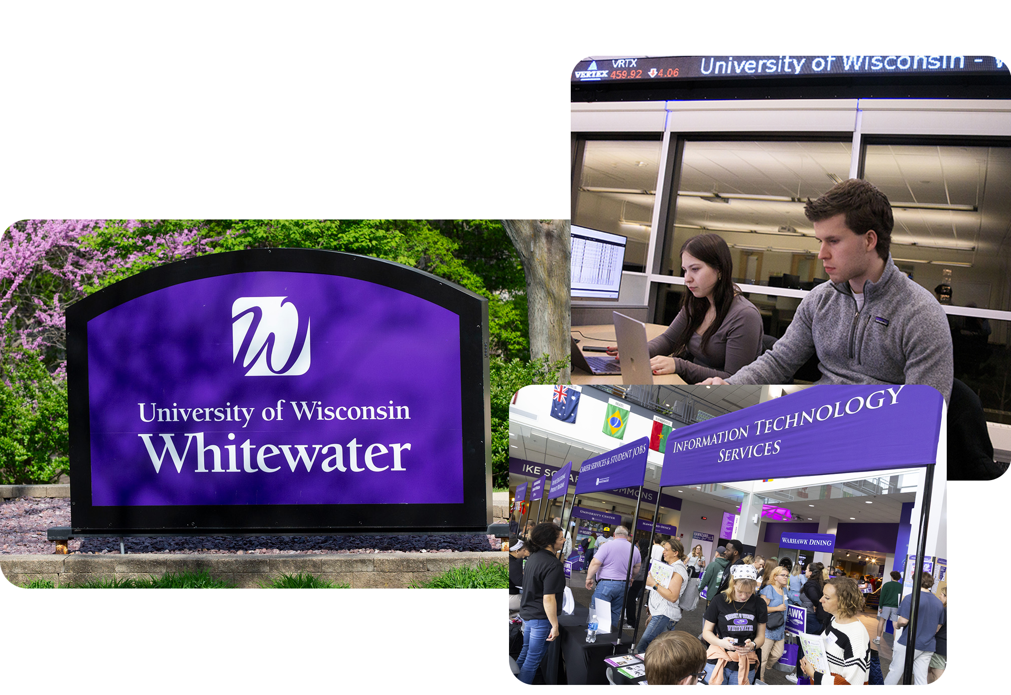 Collage of a UW-Whitewater sign, a crowd with a banner that says Information Technology Services, and two people working on a computer.