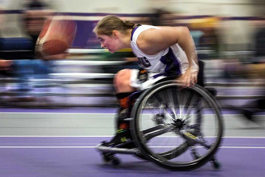 Zooming down the court with a basketball