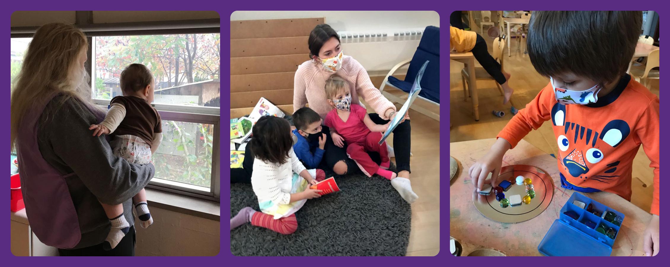 Three separate photos of students with children at the Children's Center.