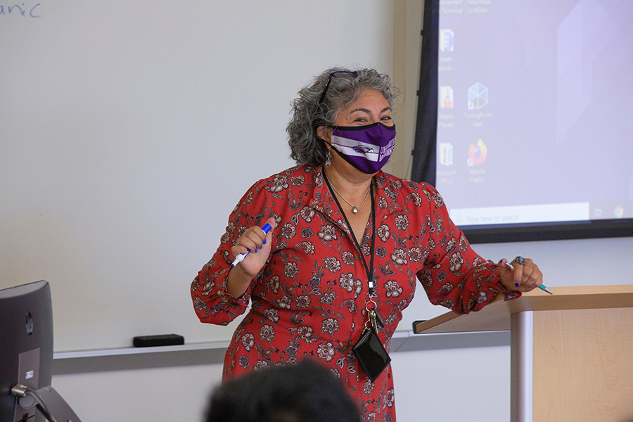 Pilar Melero stands in front of a class.