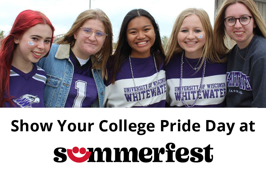 Five young people wearing UW-Whitewater shirts.