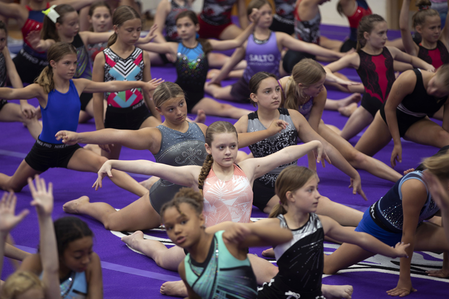 Young girls at a gymnastics camp.