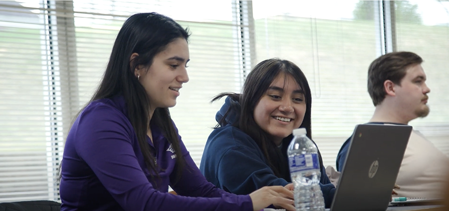 Alma Diaz-Cosme and Maribel Rodriguez sit together at a table looking at a laptop.