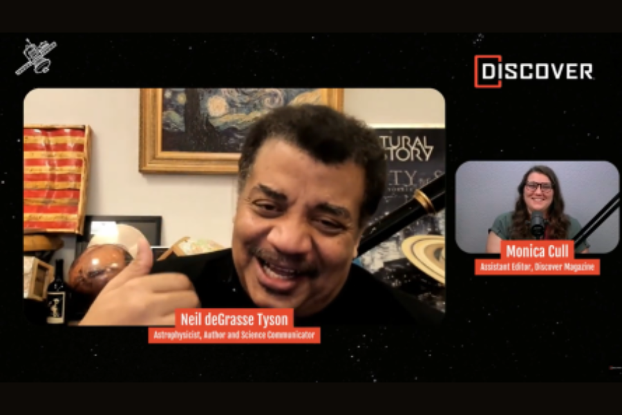 A screen shot of UW-Whitewater alum Monica Cull&rsquo;s interview with Neil deGrasse Tyson, renowned astrophysicist, for Discover Magazine in 2023.