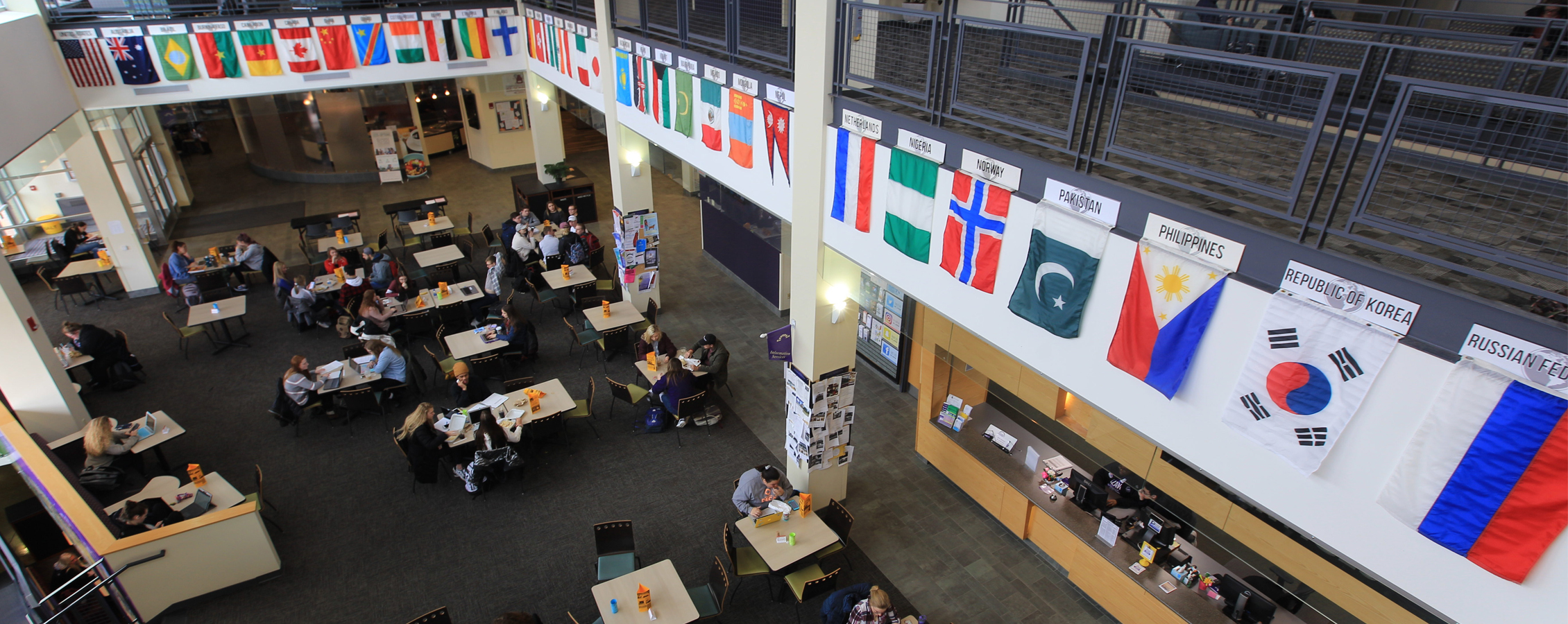 Flags of many different countries hang inside campus building while students sit at tables below them.