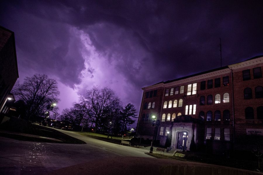 Photo of Hyer Hall and thunder lighning.