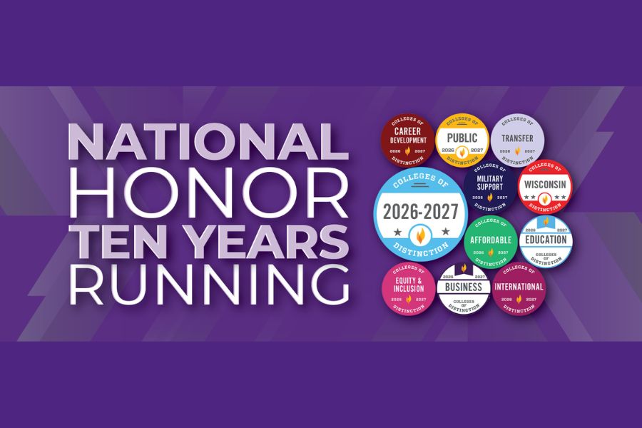 A graphic with 11 College of Distinction badges that says National Honor Ten Years Running.
