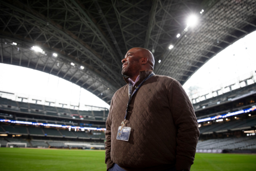 Darius Anderson, a UW-Whitewater alum who earned a master's degree in safety in 2020, hosted a group of safety professionals from the American Society for Safety Professionals, or ASSP, for a tour of American Family Field on Thursday, April 10, 2025. Anderson is senior director of risk management for the Milwaukee Brewers. (UW-Whitewater photo/Craig Schreiner).