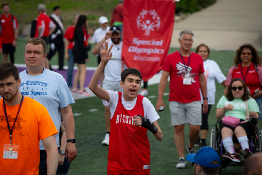 Several people participate in Special Olympics.