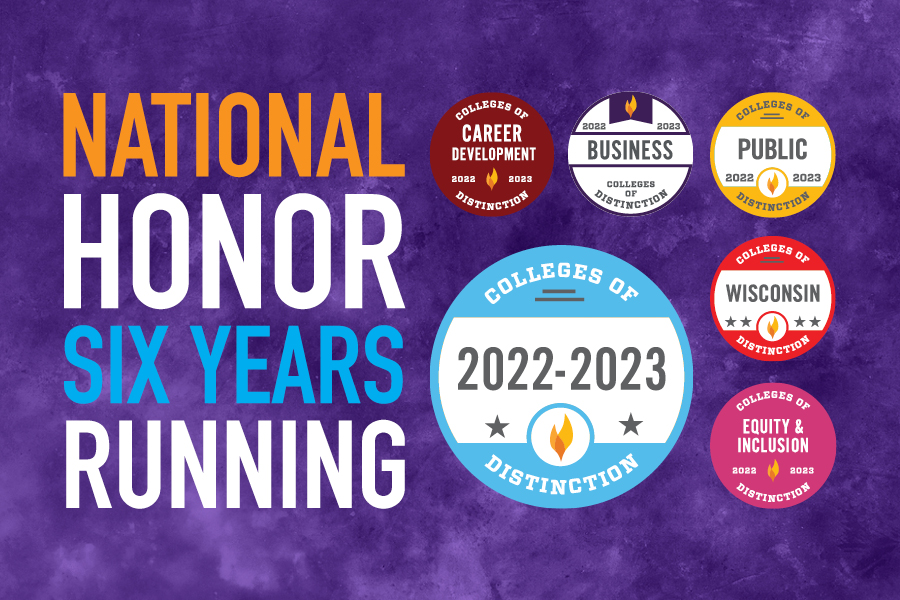 Purple graphic says National Honor Six Years Running with the College of Distinction badges in the upper right corner.