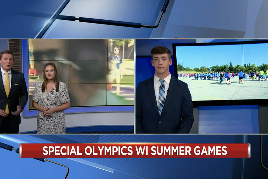 news broadcast of anchors talking about UW-Whitewater hosting the special olympics 