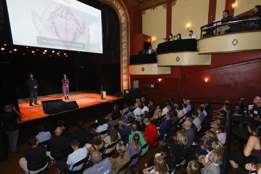 Husband-wife duo Harpreet Singh and Ravneet Kaur pitch their business, Child Health Imprints, to investors during the Greater Madison Chamber of Commerce’s annual Pressure Chamber event at Majestic Theatre