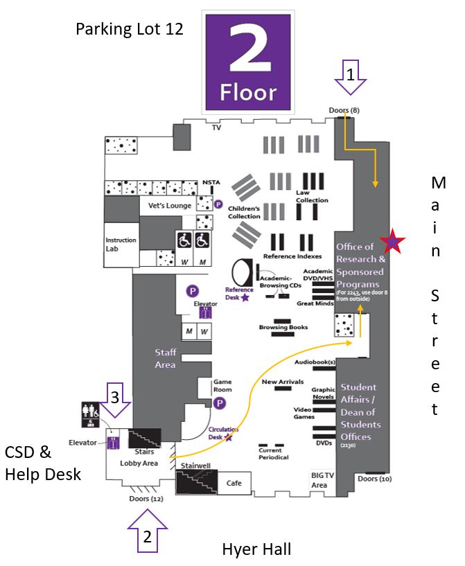 Map showing the location of the ORSP office in Andersen Library on the second floor.