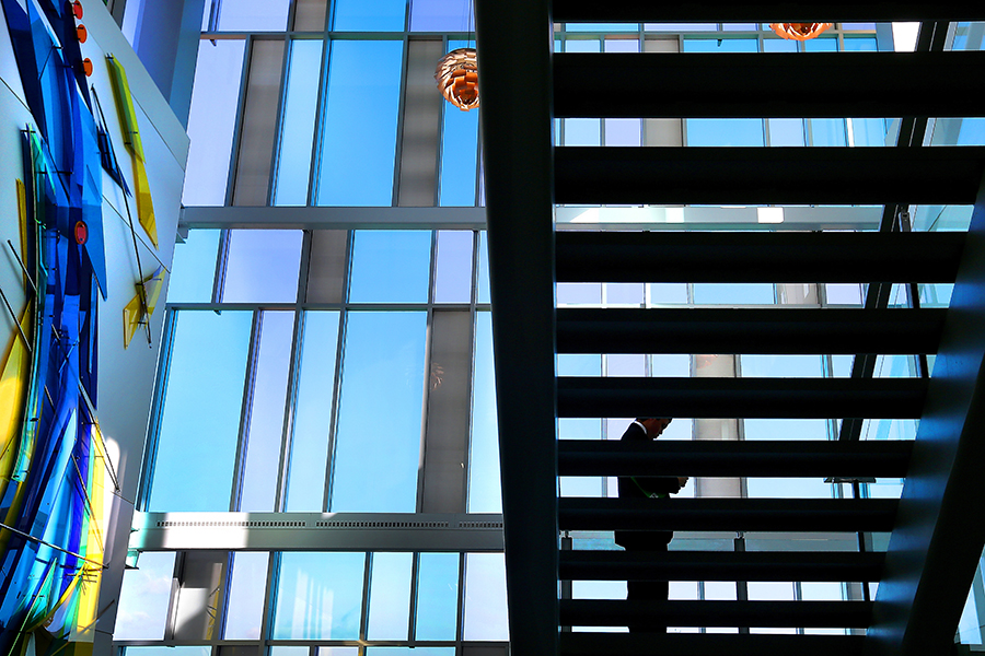 Large blue windows cover floor to ceiling in the atrium of Hyland Hall.