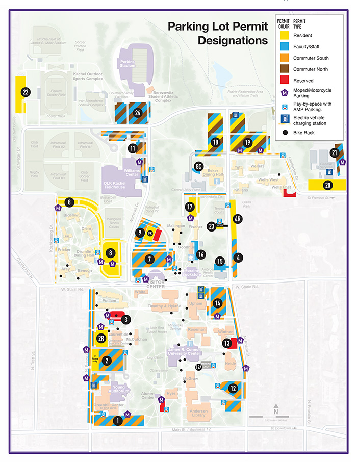Large map with locations of parking lots on the UW-Whitewater campus. For more information contact parking@uww.edu.