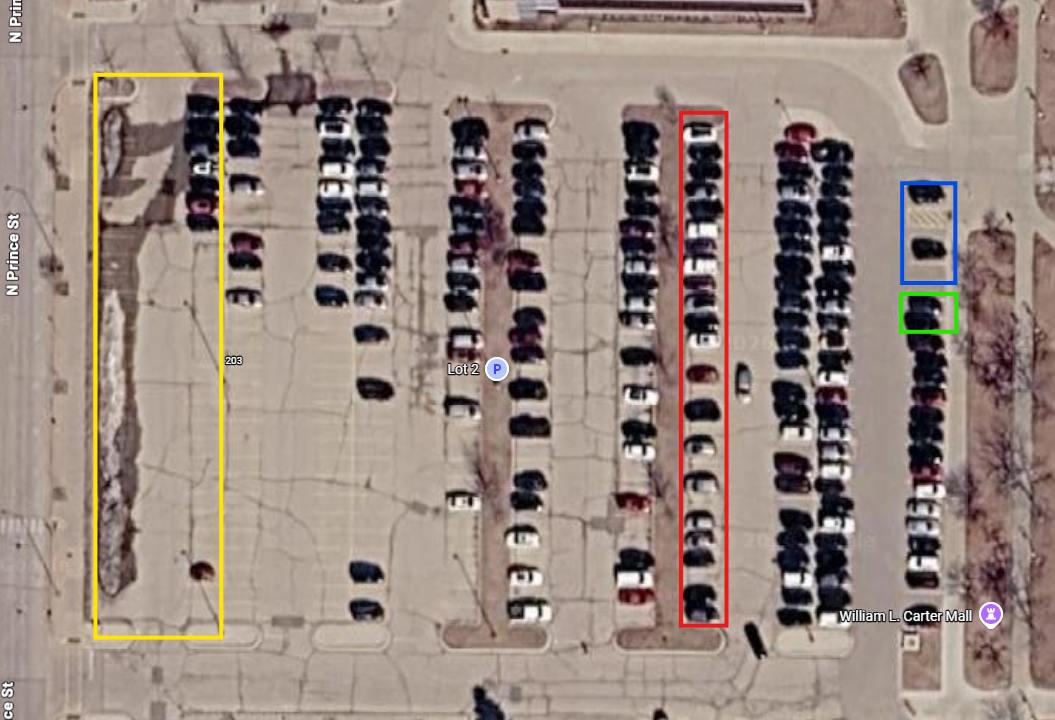 Overhead view of a parking lot at UW-Whitewater
