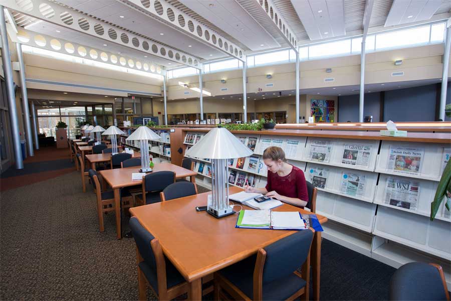 A person studies at a table in the library.