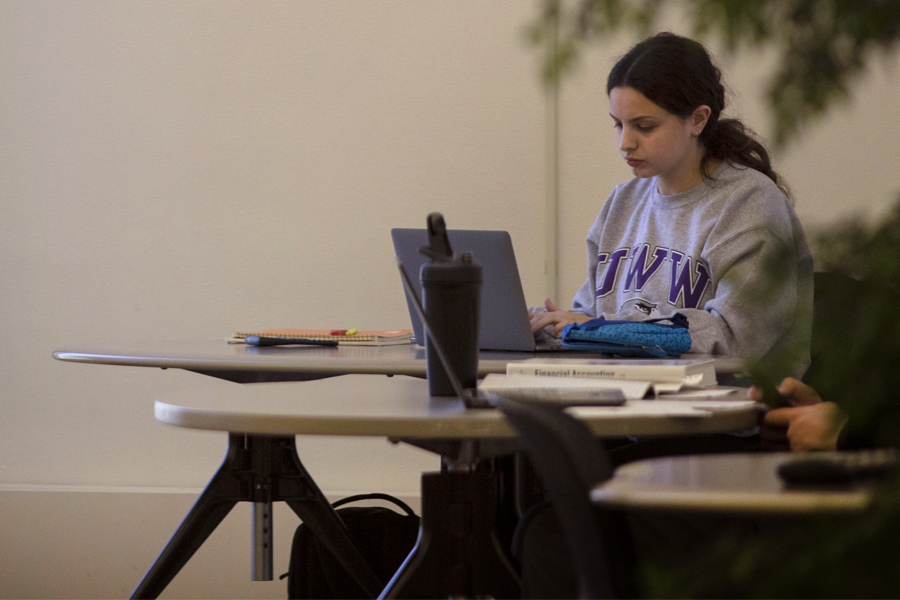 A person works on a laptop.