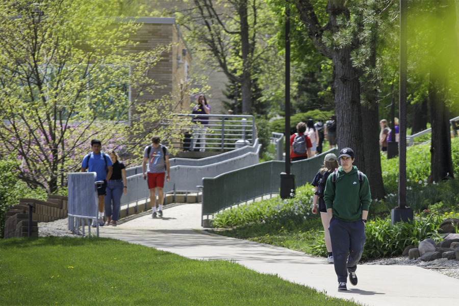 Students walk across on a tree lined sidewalk.