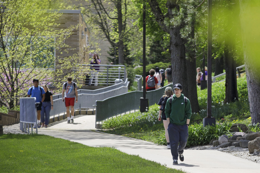 Students walk along a sidewalk amidst trees and green grass.