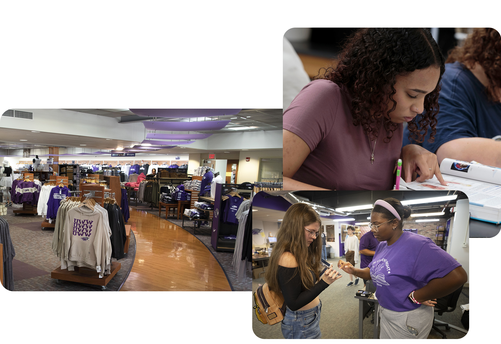 Collage of the UW-Whitewater bookstore, a student using a textook in class, and a student worker at textbook rental helping another student