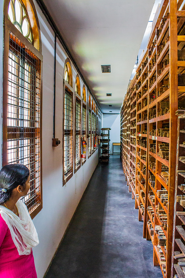 Woman in a manuscript library standing near windows