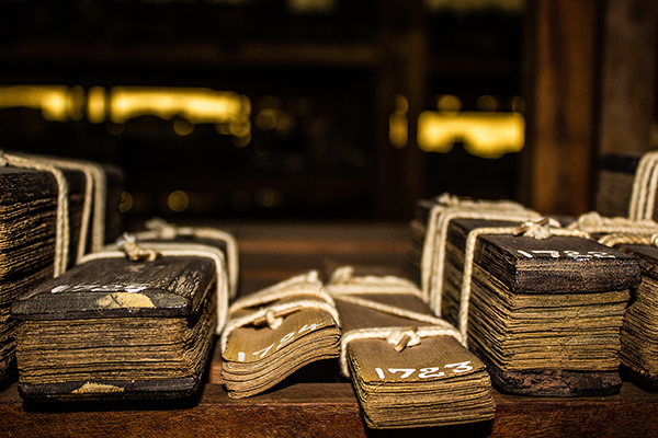 Bundles of manuscripts on a table