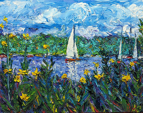 Painting of a sailboat in a small lake with flowers and grass in the foreground and a blue sky in the background