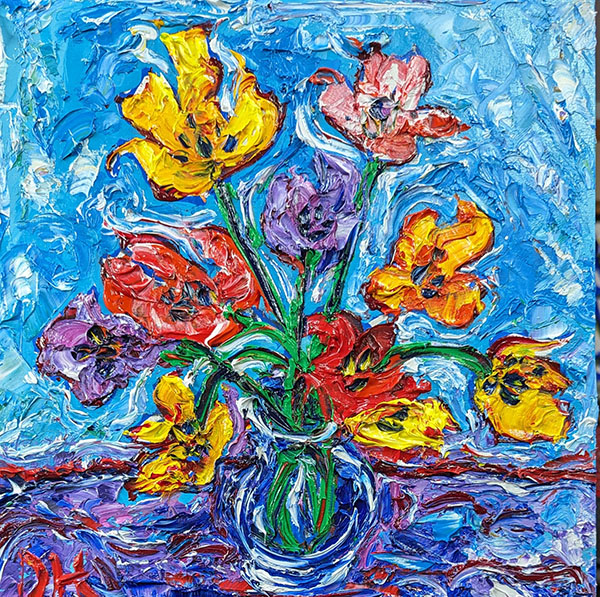 painting of a vase of flowers on a purple table with a blue wall behind it