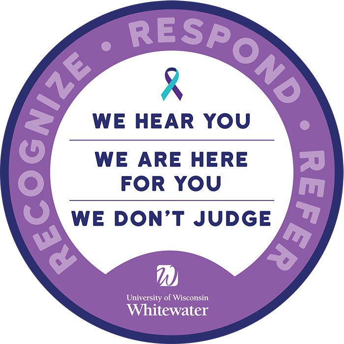 A purple and white circular badge that says recognize, respond, refer, we hear you.