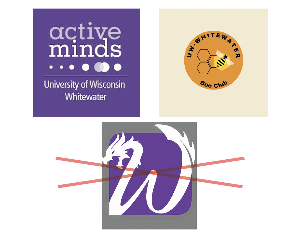 Two unique student organization logos and one that uses UW-Whitewater's W symbol with red x on top.