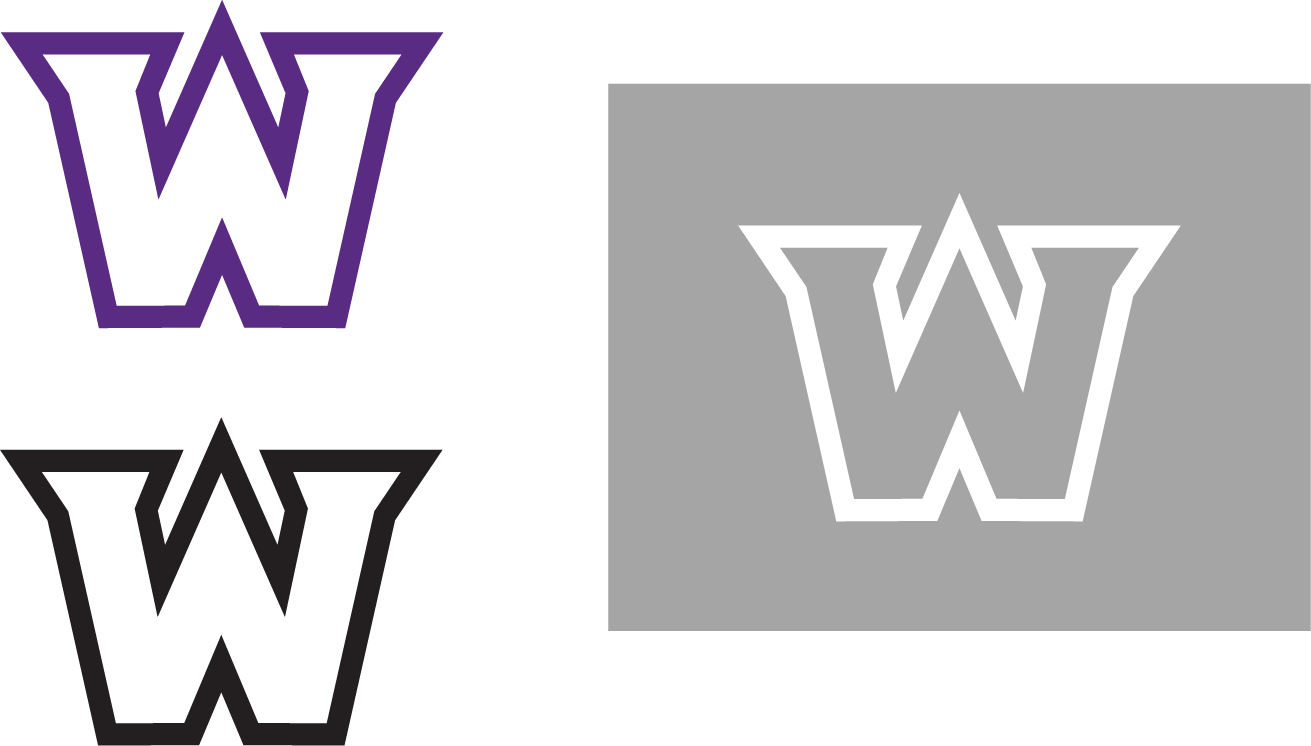Transparent W outlined in purple, black, and white on a gray background.